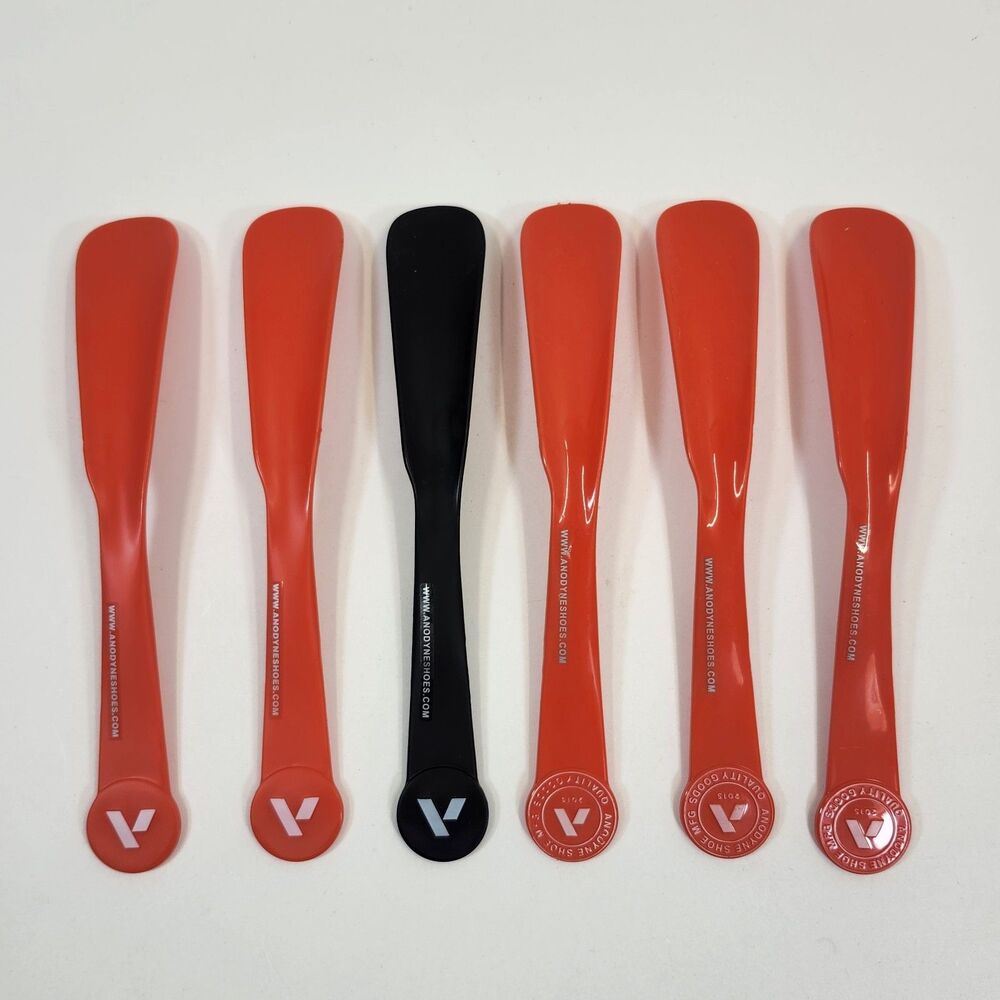 Anodyne Shoehorns Lot 6 Mfg Quality Goods Orange Plastic Advertising Shoes Boots